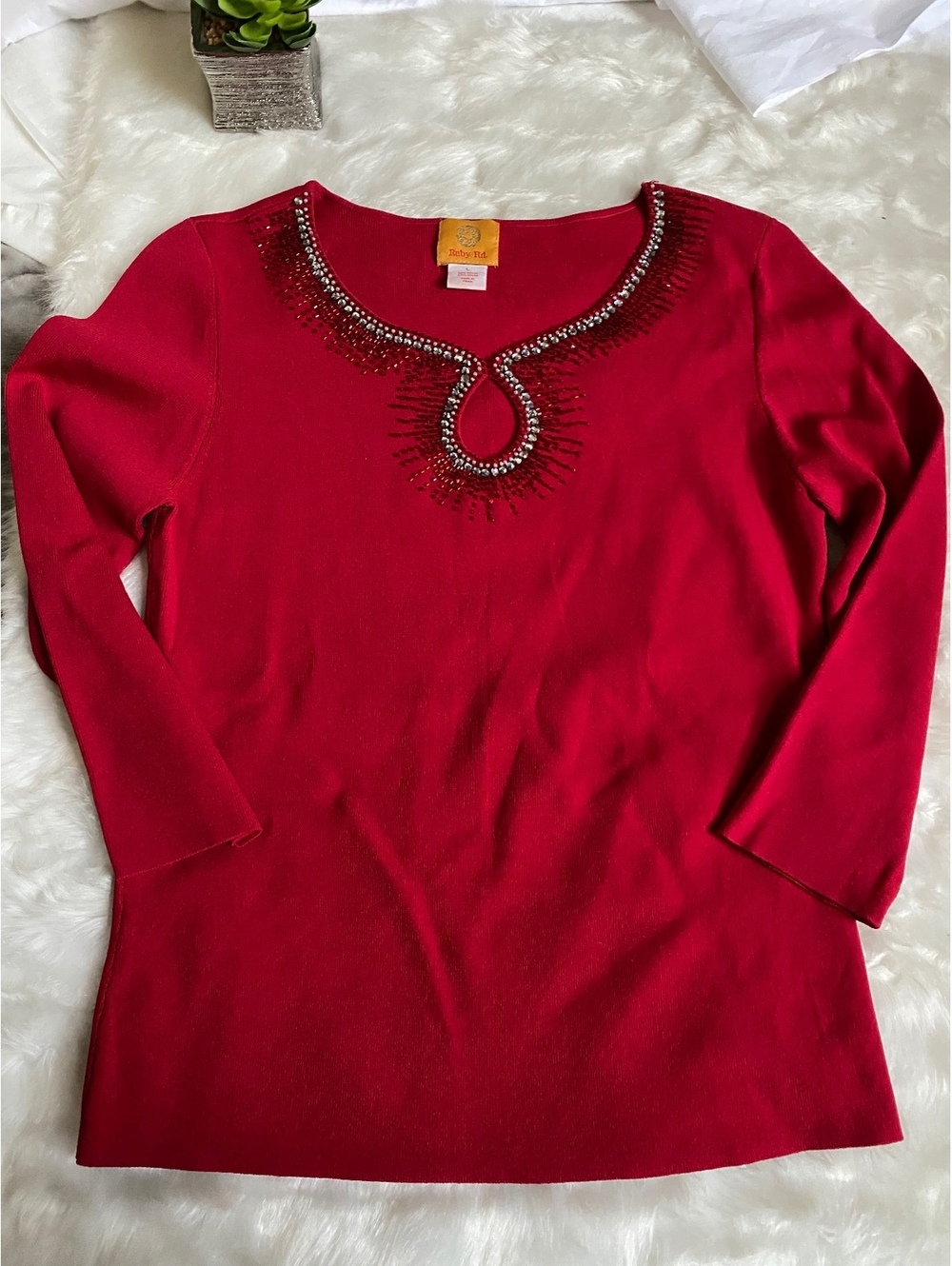 Ruby Rd. Red Beaded Embellished Long Sleeve Sweater Top Size